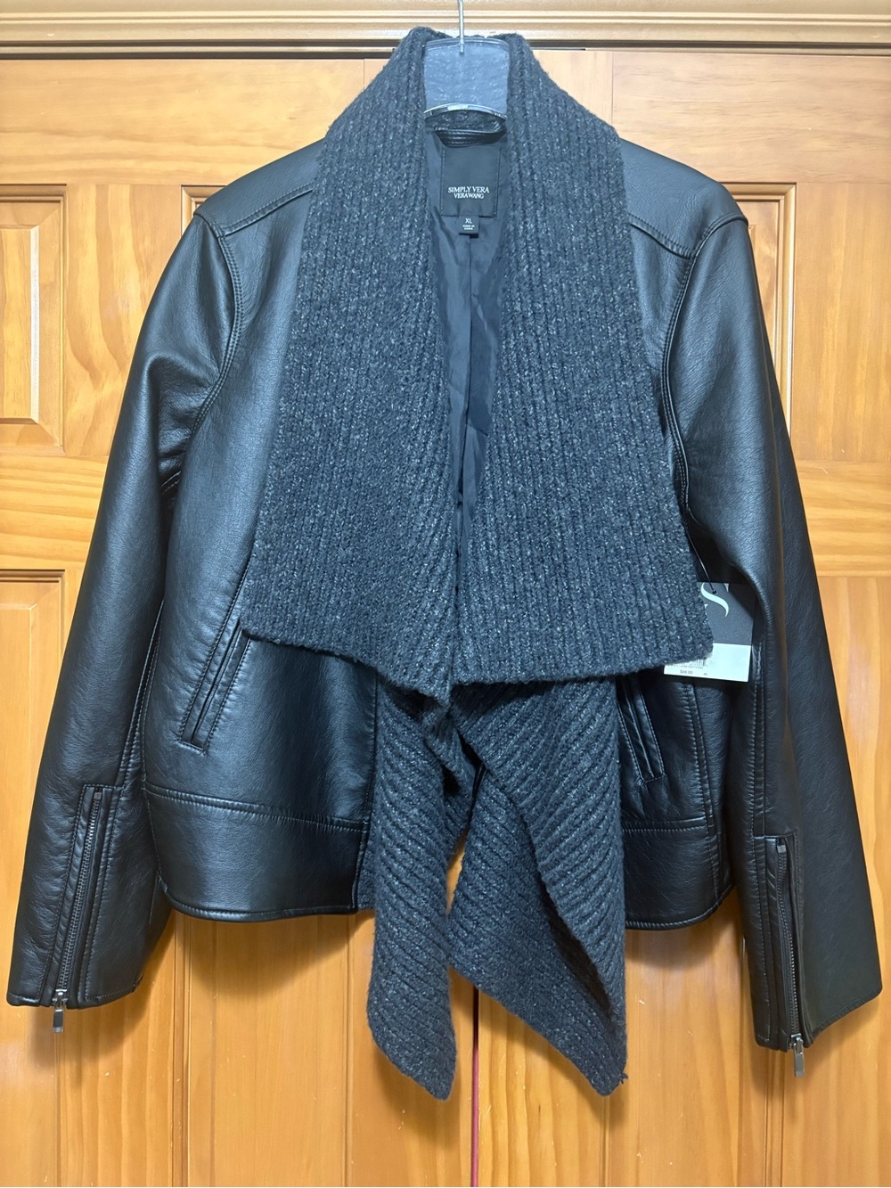 Simply Vera Vera Wang Black Faux Leather Jacket Knit Scarf Collar Size XL NWT